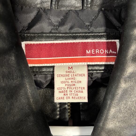 Vintage 90s Merona Men’s Black Leather Collared Full Zip Bomber Jacket Medium - Picture 3 of 6